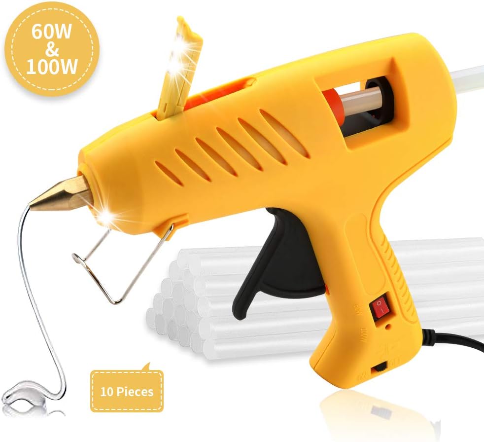 Hot Glue Gun with LED Lights,60/100W Full Size Dual Power High Temp Heavy Duty Melt Glue Gun Kit with 10 Pcs Premium Glue Sticks(0.43''x 8") for DIY, Small Arts Craft Projects,Household, Christmas Dec