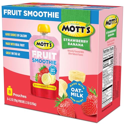 MOTT’S FRUIT SMOOTHIES STRAWBERRY BANANA, 4.2 OZ CLEAR POUCHES, 8 PACK, NON-DAIRY, MADE WITH OATMILK, MADE WITH REAL FRUIT, GOOD SOURCE OF CALCIUM, ON-THE-GO