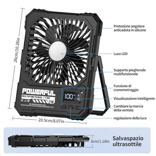 20000mAh Battery Powered Portable Camping Fan, 8 Inch Rechargeable Travel Fan, Up to 82 Hours Battery Life, Suitable for Bedroom, Outdoor