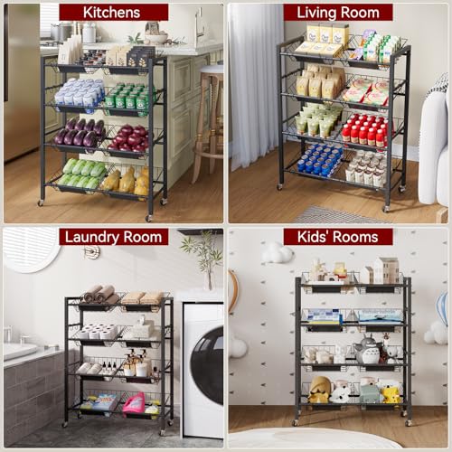 IBUYKE Kitchen Trolley with 8 Baskets,Metal Auxiliary Cart,Black TLJ025B | Vegetable Trolley Fruit Basket Organizer with Wheels for Vegetables, Onions, Potatoes