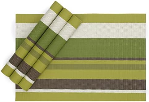 Karateemy Placemat PVC Heat Insulation Stain-resistant Washable Striped Table mat for Dining Room Set of 4 Green