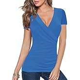 Afibi Women's Deep V Neck Short Sleeve Unique Slim Fit Cross Wrap Shirts Blouse Tops