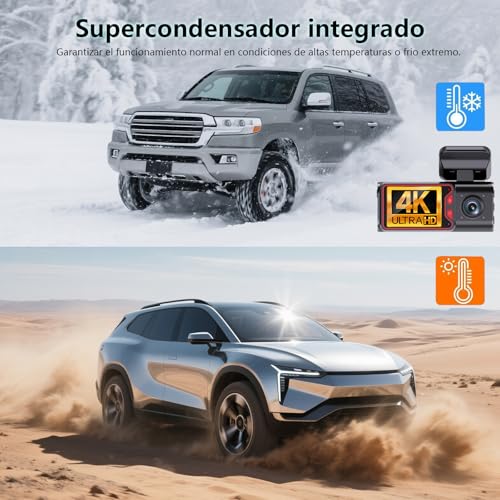 Dashcam Frontal y Trasera Dos en Uno Frontal 4K + Trasera 1080P, Gran Angular 170°, Amplio Rango Dinámico (WDR), Función de Visión Nocturna, G-Sensor, 24H Monitor de Estacionamiento, Control WiFi