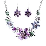 Leegoal Women Plated Oil Drip Rhinestone Flower Bib Necklace Earring Sets