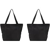 Augbunny Heavy Duty 100% Cotton Canvas Zipper Beach Shoulder Grocery Tote Bag With Outer Pocket 2-pack