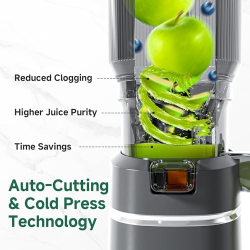 AMZCHEF Cold Press Juicer with 165mm Large Feed Chute, Slow Masticating Juicer for Whole Fruits & Vegetables, Triple Filter, Copper Motor, High Juice Yield, Easy to Clean, Grey