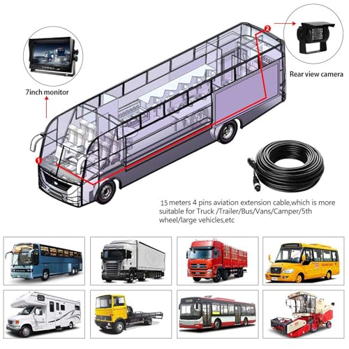 4Pin 12V-24V Vehicle Backup Camera System 7 Inch TFT LCD HD Color Monitor +18 IR Night Vision Waterproof Reverse Rear View Camera for Truck/RV/Trailer/Bus