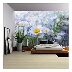Oil Painting White Daisy Flowers in The Meadows - Removable Wall Mural | Self-Adhesive Large Wallpaper - 66x96 inches