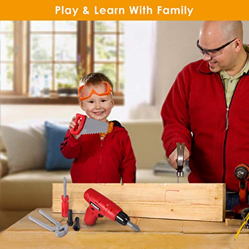Durable Kids Tool Set, Cakie Kids Pretend Play Toy Tools Set with Electronic Cordless Drill and 16 Pretend Play Construction Accessories with a Sturdy Case