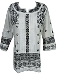 Mogul Womens Boho Tunic Dress Cotton Black Chikankari Embroidered Blouse Top Shirt
