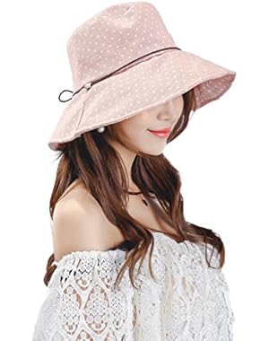 Womens Cotton Polka Dot Rippled Sun UV Protection Folding Bucket Hat Floppy Beach Cap
