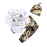 Mikrdoo Newborn Baby Boy Clothes Set Long Sleeve Romper Tops + Pants Leggings + Hat 3Pcs Cowboy Outfits (0-6 Months, Brown)