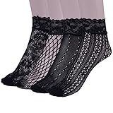 HDE Women's Lace Fishnet Ankle Socks Black Hollow Out Sheer Dress Socks (4 Pack)