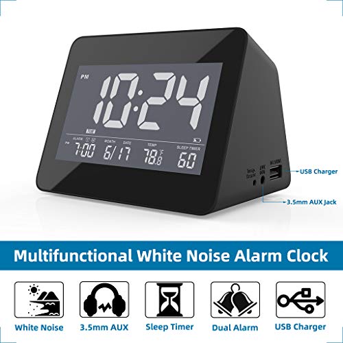 White Noise Sleep Sound Machine Alarm Clock for Home, Adults, Baby