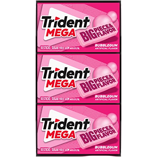 TRIDENT MEGA BUBBLEGUM SUGAR-FREE CHEWING GUM, 9 PACKS OF 10 PIECES (90 TOTAL PIECES)