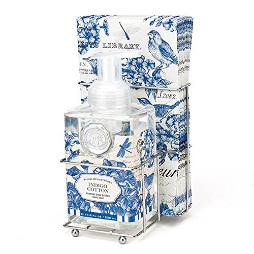 Michel Design Works Cotton Flower & Fresh Linen Scented Foaming Hand Soap & Napkin Caddy Set, Indigo Cotton