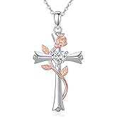 HKPATOP Cross Necklace for Women 925 Sterling Silver Rose Cross Pendant Spiritual Jewelry Gift for Wife Mom Birthday Christmas Valentine’s Day