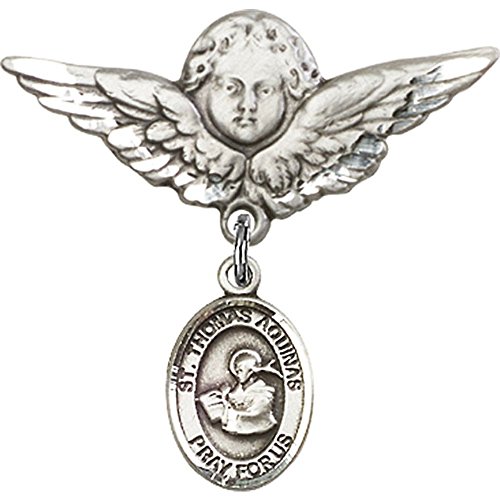 Sterling Silver Baby Badge with St. Thomas Aquinas Charm and Angel w/Wings Badge Pin 1 1/8 X 1 1/8 inches
