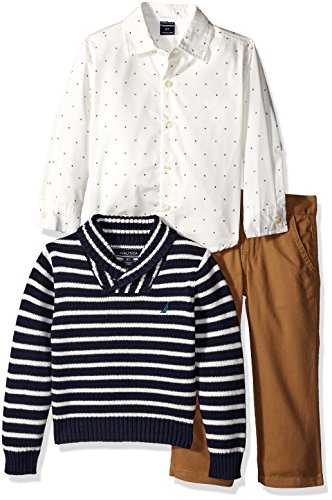 Nautica Little Boys' Toddler Three Piece Set with Woven Shirt Striped Shawl Sweater and Pant, Sport Navy, 4T