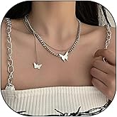 Rrdaily Silver Layered Stackable Butterfly Pendant Necklace for Women,Trendy Statement Butterfly Cuban Chain Necklace,Dainty Birthday Party Jewelry Gifts