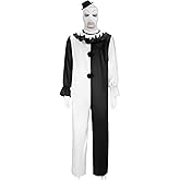 HORNIGHT Men Terrifier Jumpsuit Costume Cosplay Outfits Black White Killer Clown Bodysuit Headgear Hat for Halloween