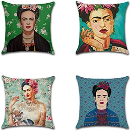 Joyi 4 Pack Frida Kahlo Self-Portrait Cotton Linen Throw Pillow Case Car Cushion Cover 18"x18",Pattern 5
