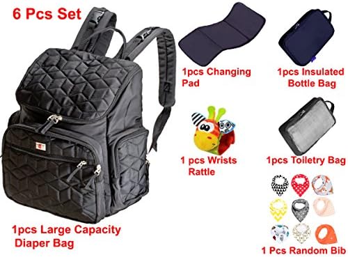 6pcs Set Baby Diaper Bag Large Compartment Waterproof Backpack with Stroller Strap FREE 1 Nappy Changing Pad 1 Insulated Bag 1 Toiletry Bag 1 Random Design Bib &amp; 1 Animal Wrist Rattle (Black)