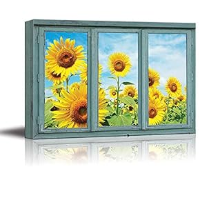 3 Frame Window Close up with Yellow Sunflowers...