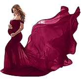 Women Maternity Dress for Photography Mermaid Off Shoulder Slim Fitted Chiffon Gown Flowy Baby Shower Maxi Photo Props Dress