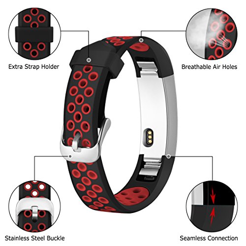 Maledan Replacement Bands Compatible for Fitbit Alta, Fitbit Alta HR and Fitbit Ace, Accessory Sport Bands Air Holes Breathable Strap Wristbands with Stainless Steel Buckle, Black/Red, Small - Thumbnail 4