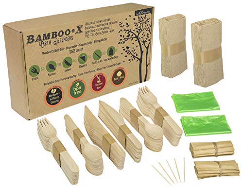 Bamboo -X Utensils Disposable Wooden Cutlery Set 252 Count: 50 Forks 50 Spoons 50 Knives 50 Compostable Brown Napkins 50 Bamboo Toothpicks 2 Biodegradable Trash Bags - Eco Friendly Utensils Set
