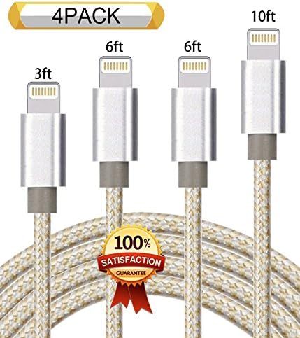 XIANDAN iPhone Cable 4Pack 3FT 6FT 6FT 10FT Nylon Braided Certified Lightning to USB iPhone Charger Cord for iPhone X 8 7 Plus 6S 6 SE 5S 5C 5, iPad 2 3 4 Mini Air Pro, iPod Nano 7 Gold Silver