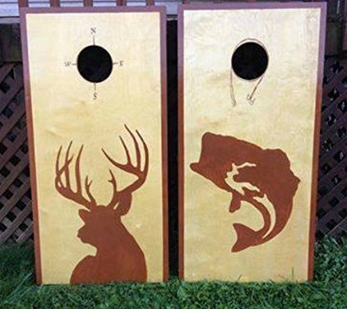 Deer & Fish Hunter/Fisherman Outdoors-man Cornhole Board Set Hand-painted Includes Bags (Full Regulation Size)