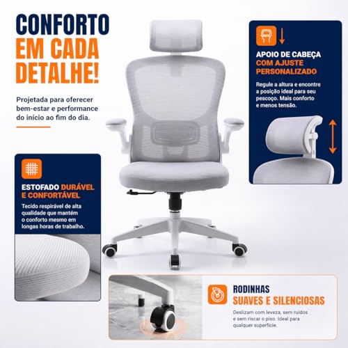 Cadeira Ergonômica Mesh Cinza Giratória Reclinável para Escritório e Home Office - Encosto em Tela, Apoio Lombar e Cabeça Ajustáveis, Braços Pivotantes, Rodízios Silenciosos