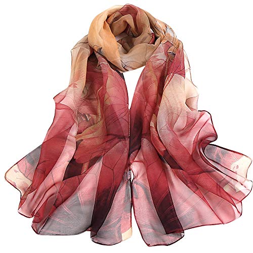 Mnyycxen Fashion Women Scarf, Soft Lightweight Lotus Printing Long Soft Wrap Scarf Ladies Shawl Scarves (Red)