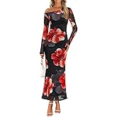 ZESICA Women's Long Sleeve Floral Maxi Dress 2026 Fall Off Shoulder Bodycon Ruched Mesh Cocktail Wedding Guest Dresses
