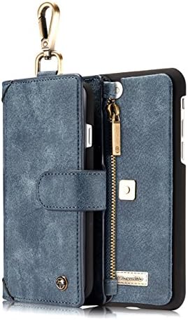 iPhone 7 Case,HIPICB Movement Series Handmade Premium Leather Wallet Phone Case,[Carabiner][Credit Card Slot] [Detachable Magnetic Case] [Wallet]Zipper Storage for iPhone 7 4.7 inch (blue)