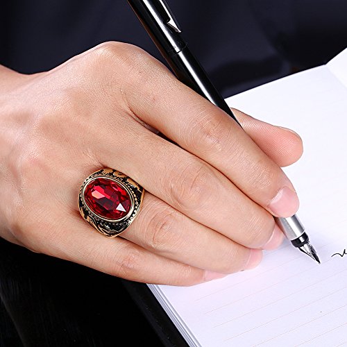 PAURO Men's Stainless Steel Gold Plated Ring - Red Cubic Zirconia Dragon Pattern Vintage Style
