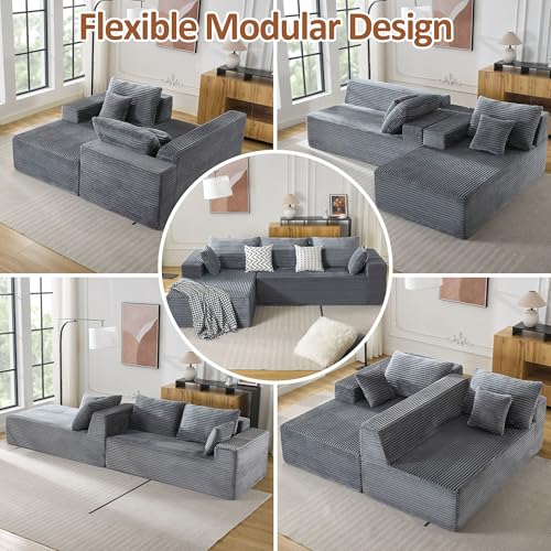WUTUTUEE 110" Boneless Sectional Couch with Chaise Lounge, Cloud Couch Compressed Sofa L Shape, No Assembly Memory Foam Sofa for Living Room, Grey Corduroy