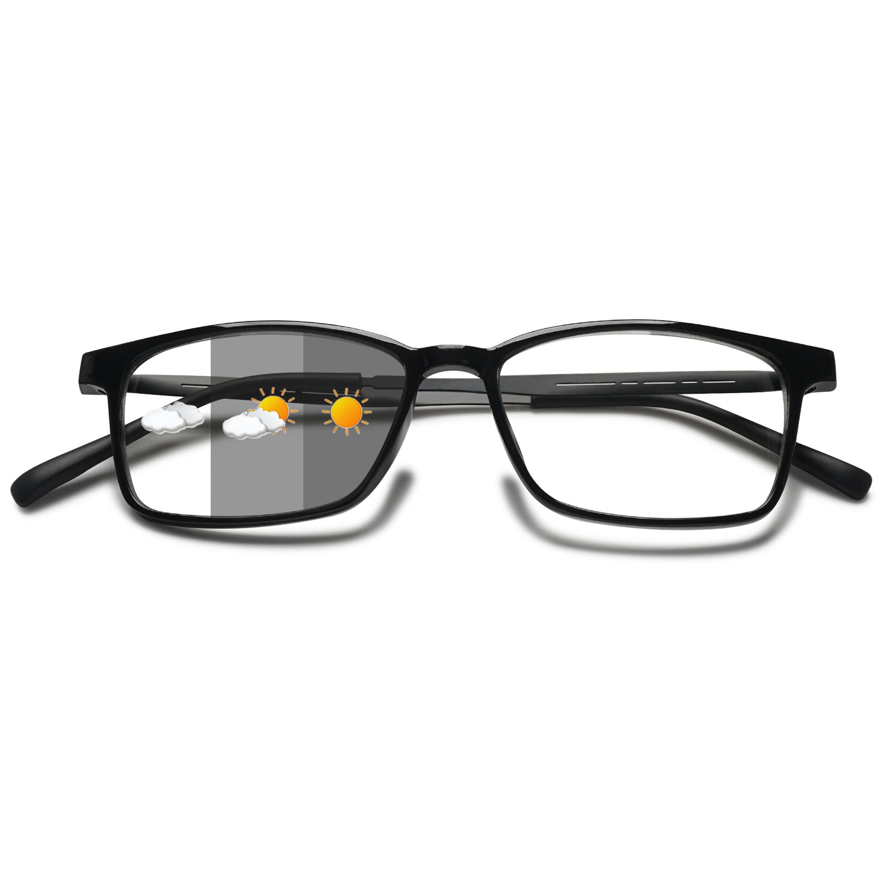 Lanomi Rectangle Photochromic Reading Glasses Blue Light Blocking Reading Sunglasses UV400 Protection Eyeglasses for Women Men Light Black (Photochromic Grey) 1.5