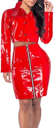 Yizenge Women's Sexy 2 Piece Outfits PU Leather Long Sleeve Crop Jacket and Midi Skirt Club Dress Sets (Red,L)