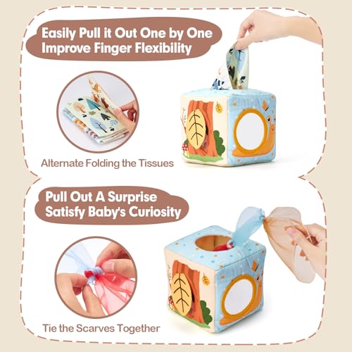 hahaland Montessori Baby Tissue Box 6-12 Months, Sensory Interactive Soft Toy Box Babies 3 6 8 12 Months, Original Gift for Newborn Babies