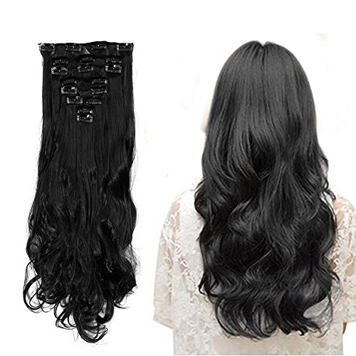 S-noilite17 inches(43CM) Long Curly Wavy Natural Black Clip in on 8 Pieces Full Head Set Hair Extensions 100% Real Natural Like Human Top Synthetic Hairpiece Extension