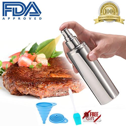 Olive Oil Sprayer Mister Dispenser,240ml High Capacity Stainless Steel Grilling Oil Bottle for Cooking /Making Salad /Baking /BBQ - Free Collapsible Silicone Funnel and Oil Brush