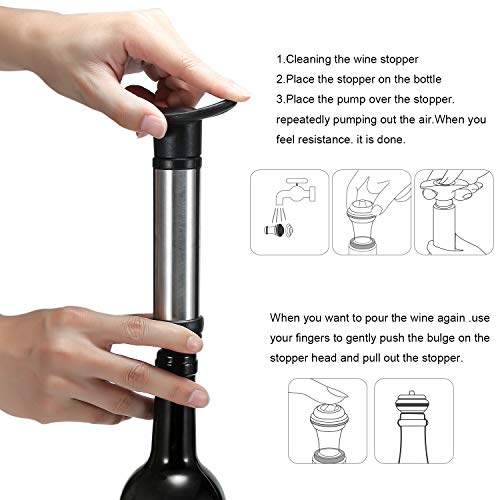 DIFENLUN Vacuum Wine Stoppers, Original Stainless Wine Saver with 1 Wine Vacuum Preserver Pump, 4 Reusable Valve Air Rubber Bottle Stoppers, Free Give 1 Wine Aerator Pourer