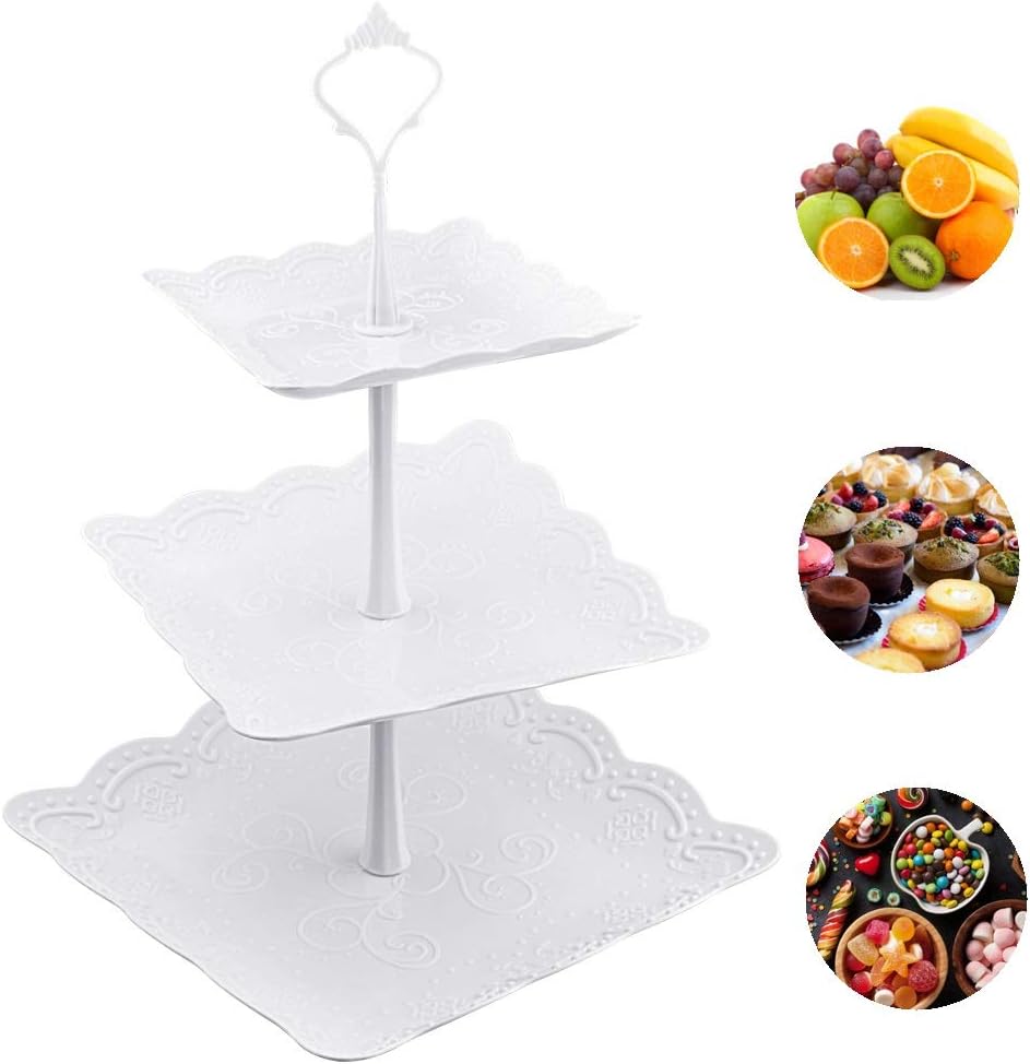 AFASOES Cake Stand 3-Tier Cupcake Stand Holder Square Cake Display Stand Dessert Cake Tower Stand Party Food Server Display with White Carry Handle for Birthday/Wedding/Celebration (Size:6"& 8"&10")