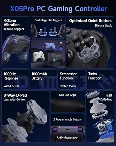EasySMX X05Pro Charging Dock Controller for PC/Switch/Phone, Silent Button, 1000mAhBattery, Ergonomic Skin-Like Grip X05 Pro Wireless Controller,RGB, Dual Triggers, Hall Joysticks,Programmable