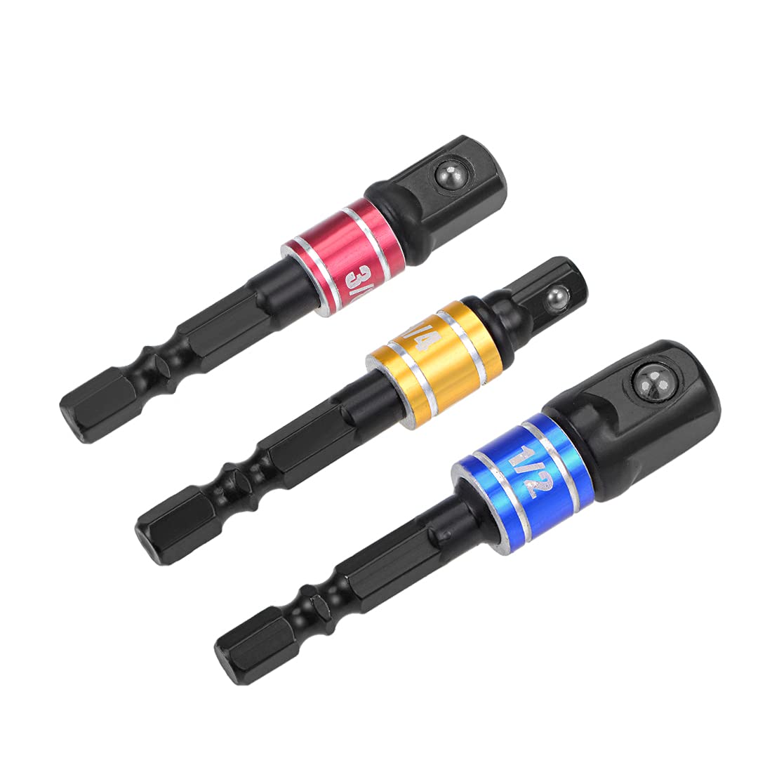 sourcing map 3 Pcs 1/4", 3/8", 1/2" Driver Extension Impact Grade Socket Adapter Set, Hex Shank Bit for Power Drills (Black)