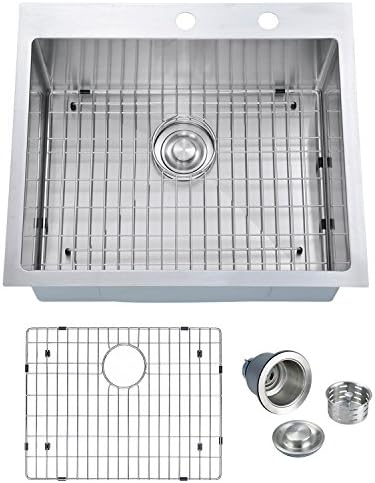 SINOGY 25"x22" Inch H2522-G Overmount Stainless Steel Handcrafted Kitchen Sink With Bottom Grid, 16-Ga Single Bowl With 2 Faucet Holes