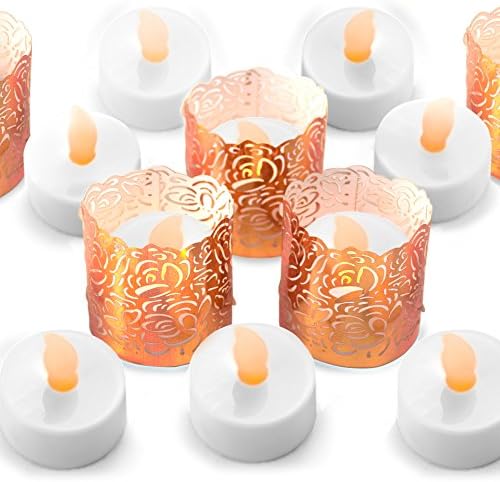 Frux Home and Yard FLAMELESS TEA LIGHT SET 24 Flickering LED Battery Tealight Candles With Copper Decorative Votive Wraps Included